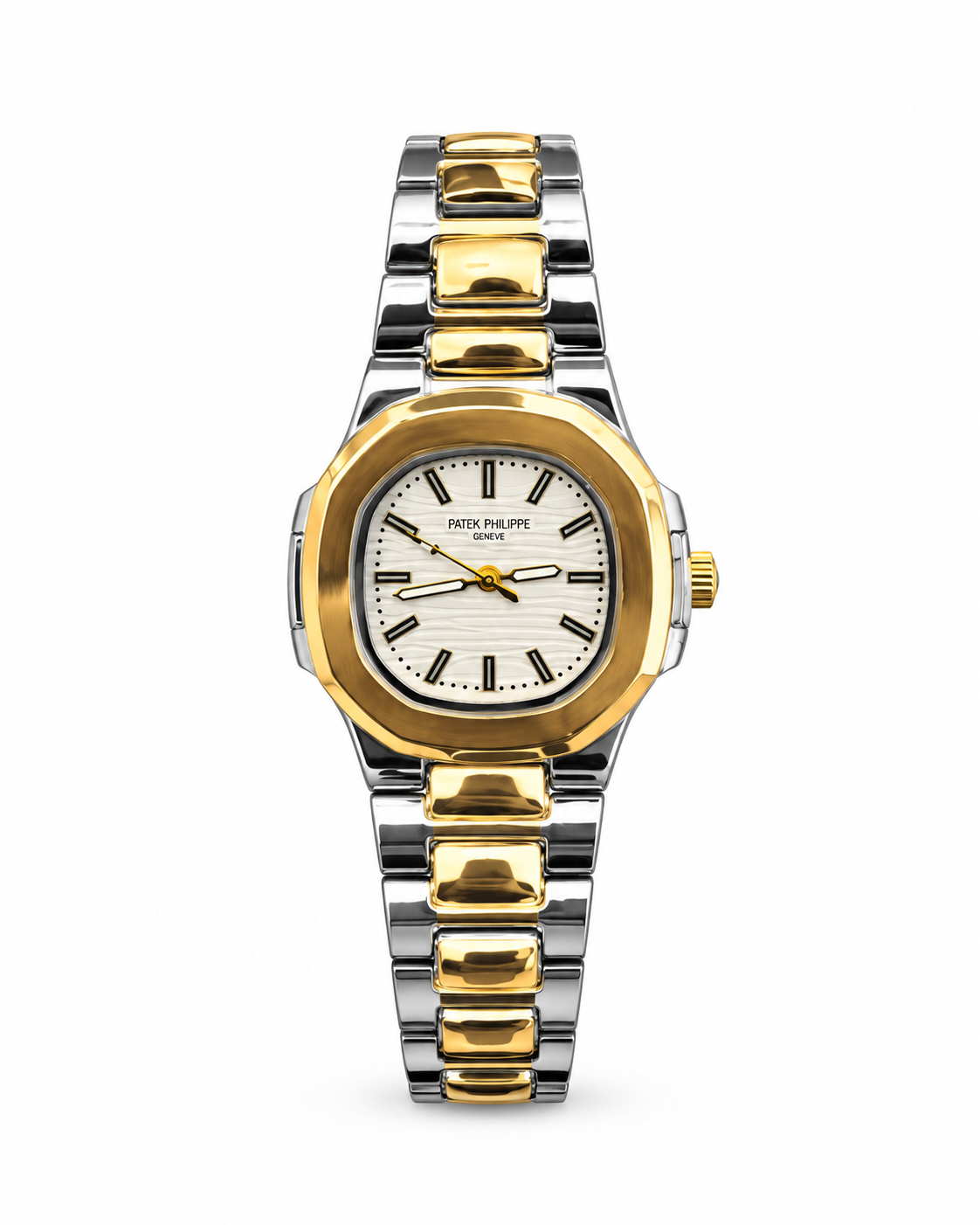 Patek Philippe Nautilus-Style women's watch Lebanon - two-tone steel and gold octagonal case, white wave-embossed dial with gold hands and markers, integrated two-tone bracelet
