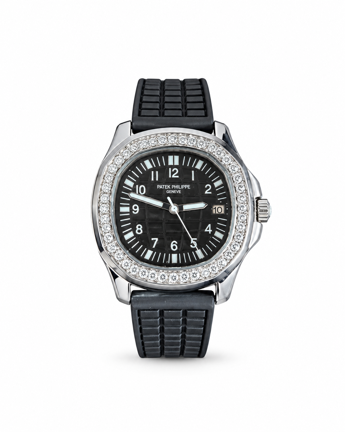 Patek Philippe Aquanaut Luce women's watch Lebanon - steel rounded-octagonal case, diamond bezel, black embossed dial with white Arabic numerals, black rubber strap