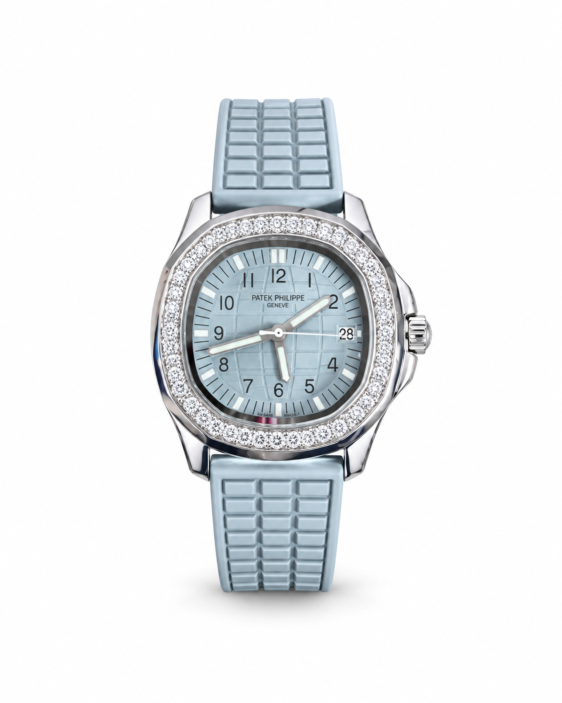 Patek Philippe Aquanaut Luce women's watch Lebanon - steel rounded-octagonal case, diamond bezel, ice-blue embossed dial with Arabic numerals, light-blue rubber strap