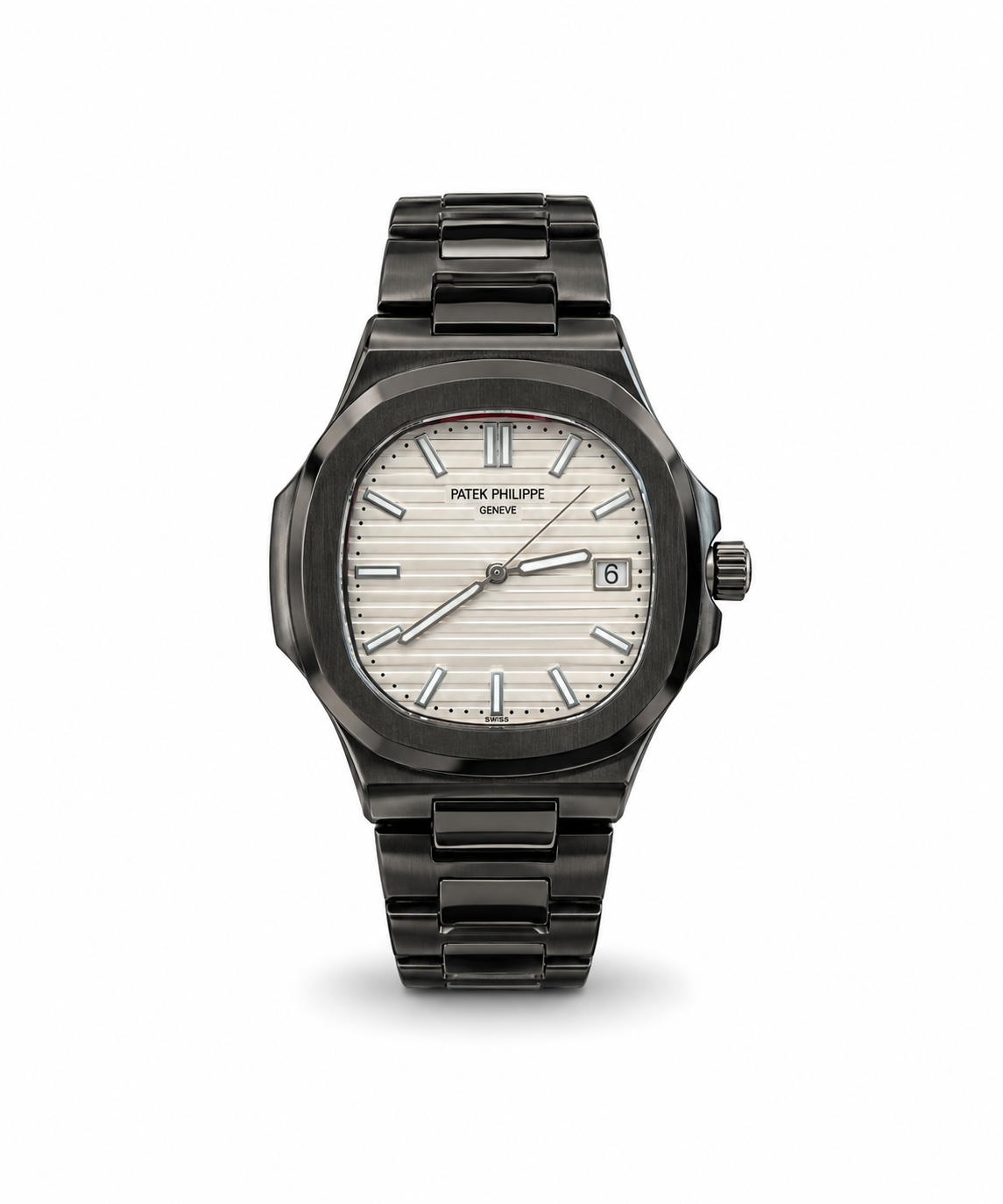 Patek Philippe Nautilus-Style men's watch Lebanon - black octagonal case, cream embossed dial with silver hands and markers, date window, black integrated bracelet