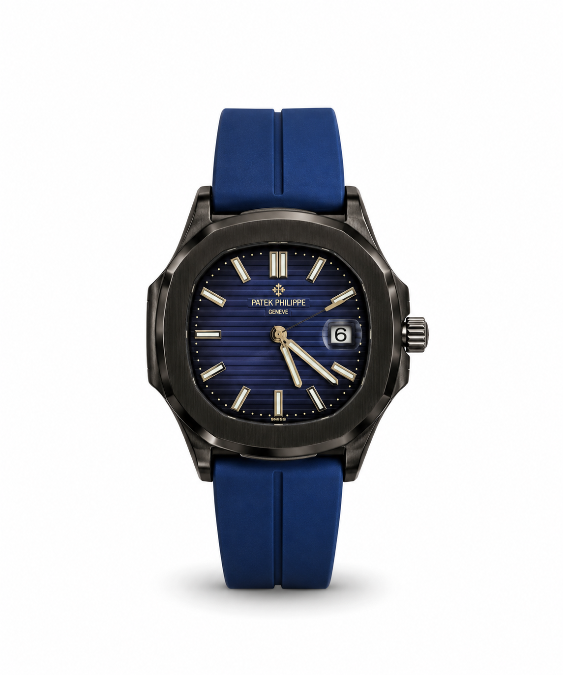 Patek Philippe Nautilus-Style men's watch Lebanon - black octagonal case, deep blue embossed dial with gold hands and markers, date window, navy blue rubber strap