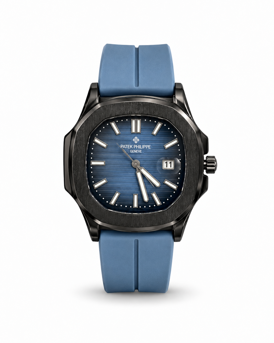 Patek Philippe Nautilus-Style men's watch Lebanon - black octagonal case, blue gradient embossed dial with silver hands and markers, date window, light-blue rubber strap