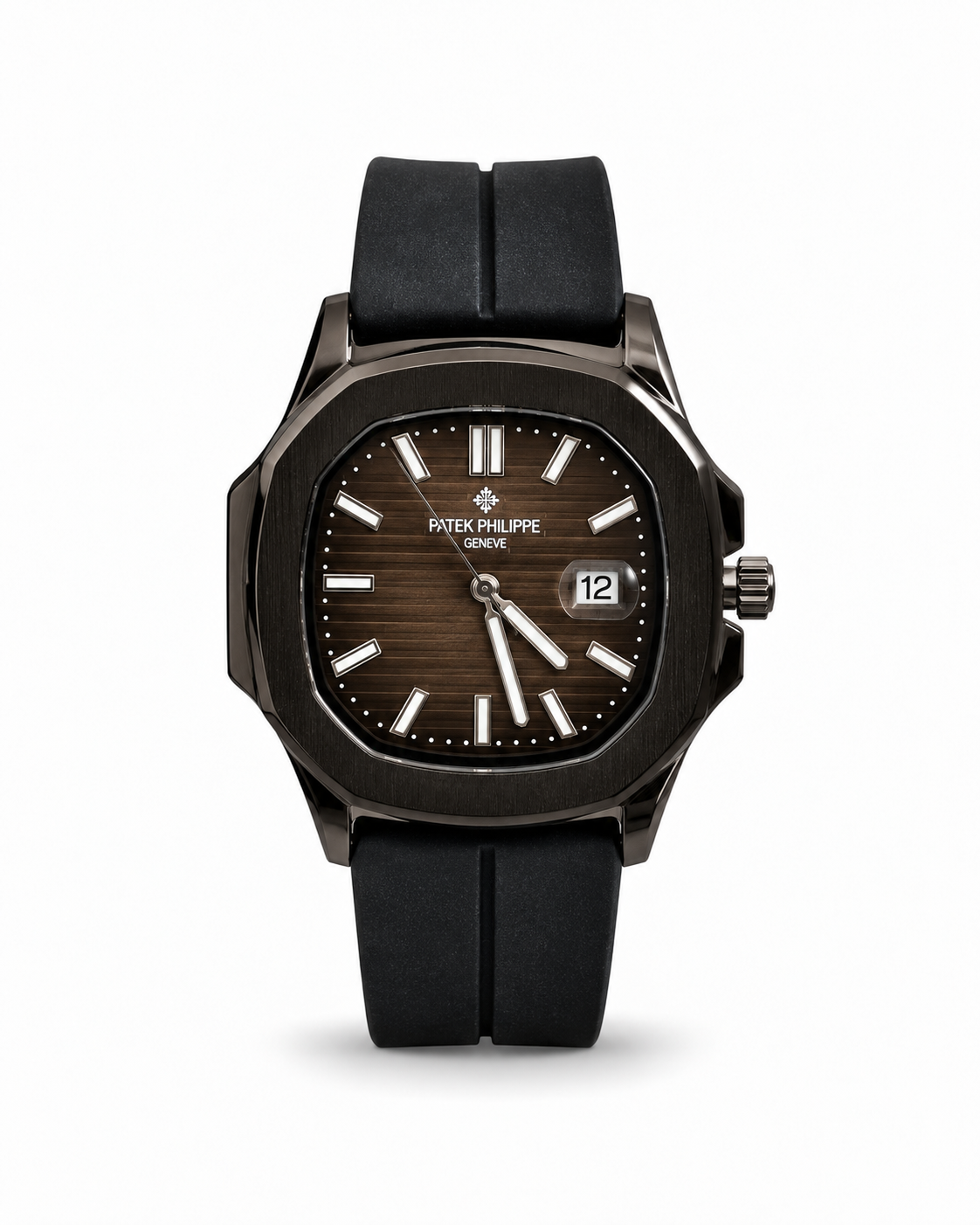 Patek Philippe Nautilus-Style men's watch Lebanon - black octagonal case, brown gradient embossed dial with silver hands and markers, date window, black rubber strap