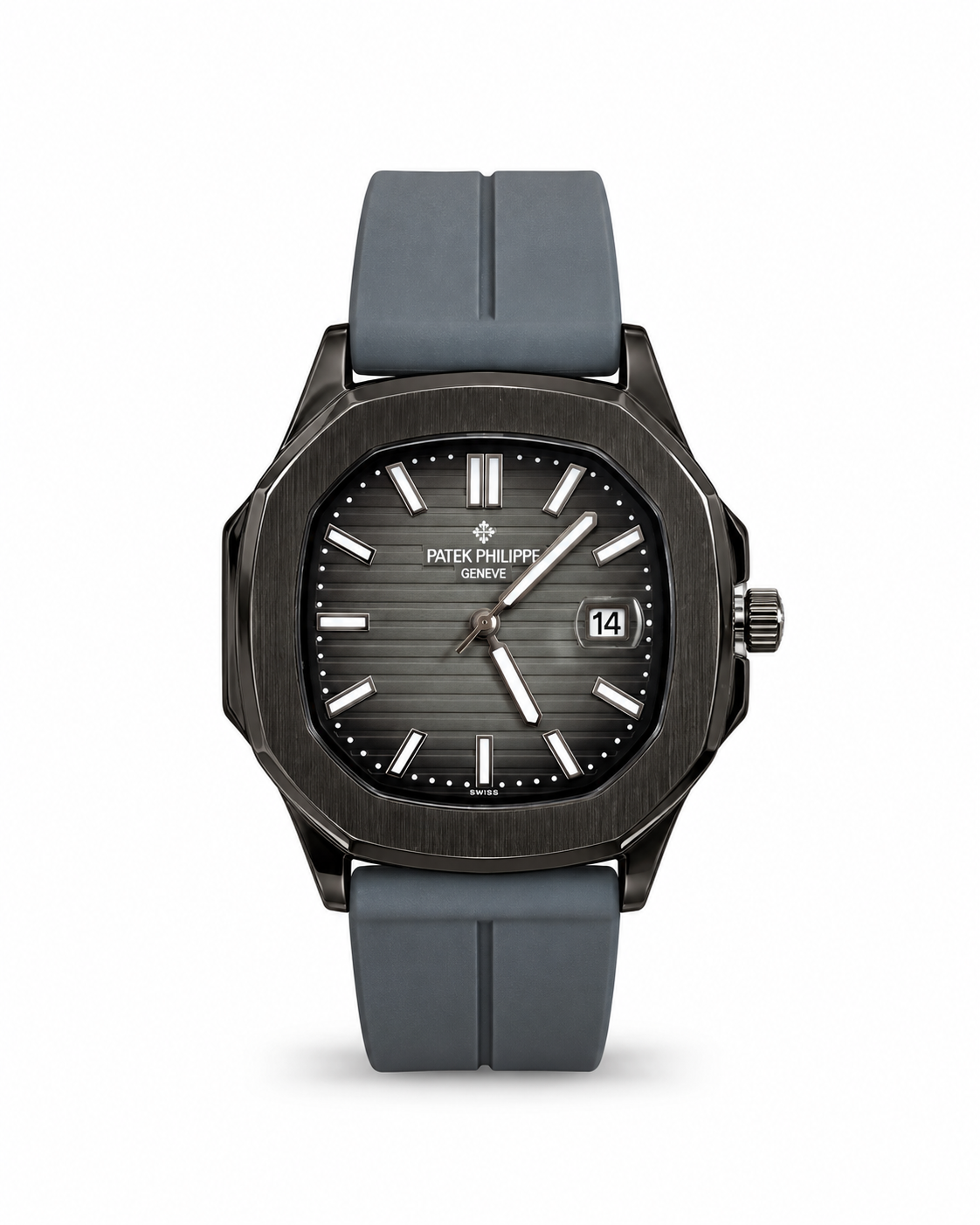 Patek Philippe Nautilus-Style men's watch Lebanon - black octagonal case, grey gradient embossed dial with silver hands and markers, date window, grey rubber strap