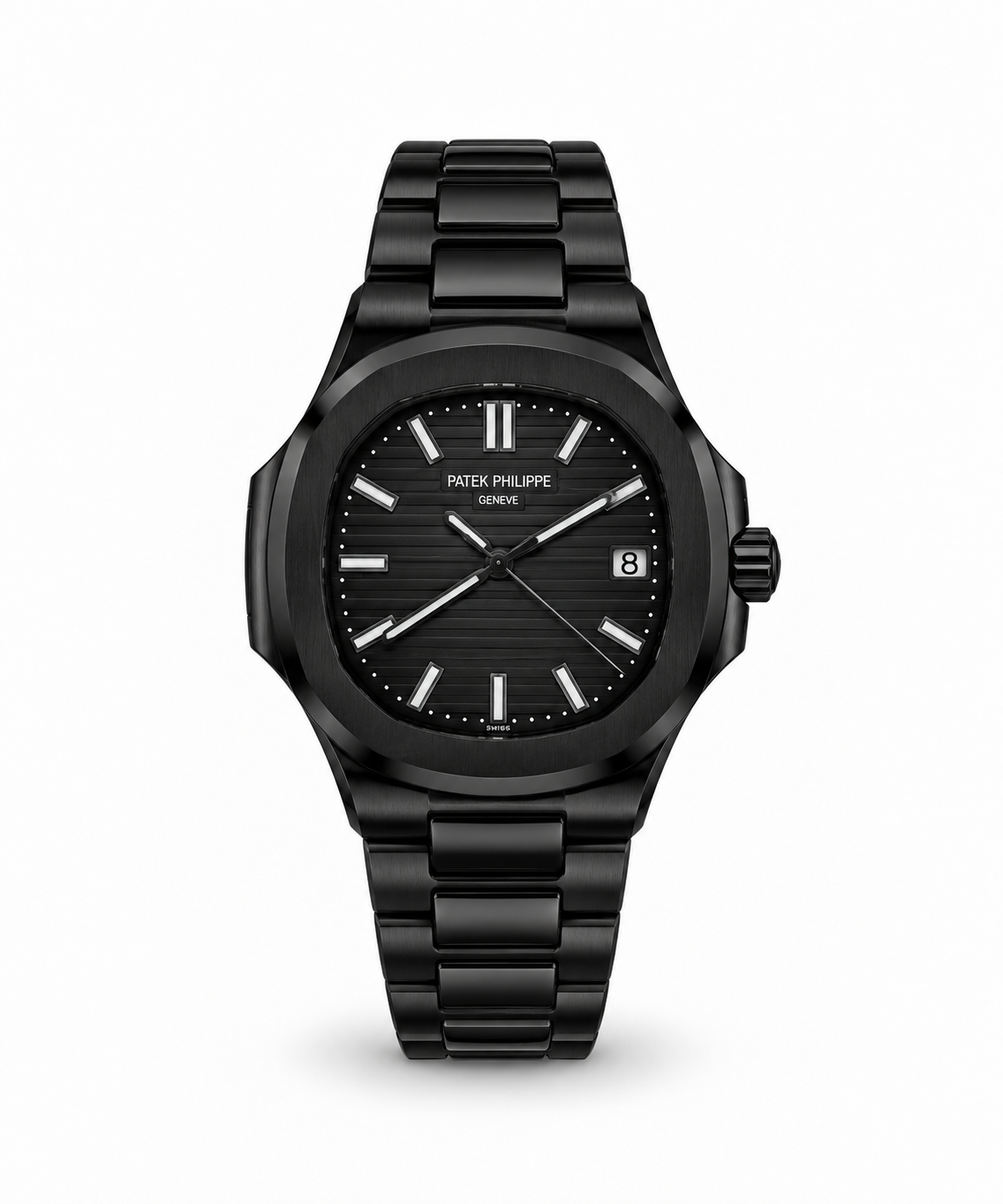 Patek Philippe Nautilus-Style men's watch Lebanon - full black octagonal case, black embossed dial with silver hands and markers, date window, integrated black bracelet