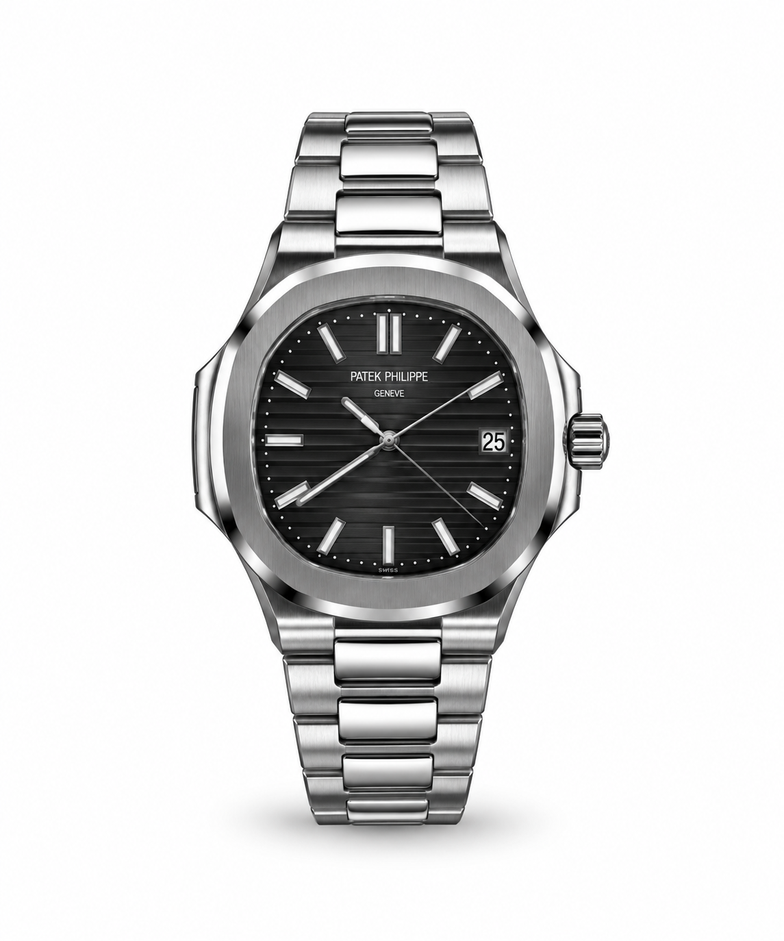 Patek Philippe Nautilus-Style men's watch Lebanon - steel octagonal case, black embossed dial with steel hands and markers, date window, integrated steel bracelet