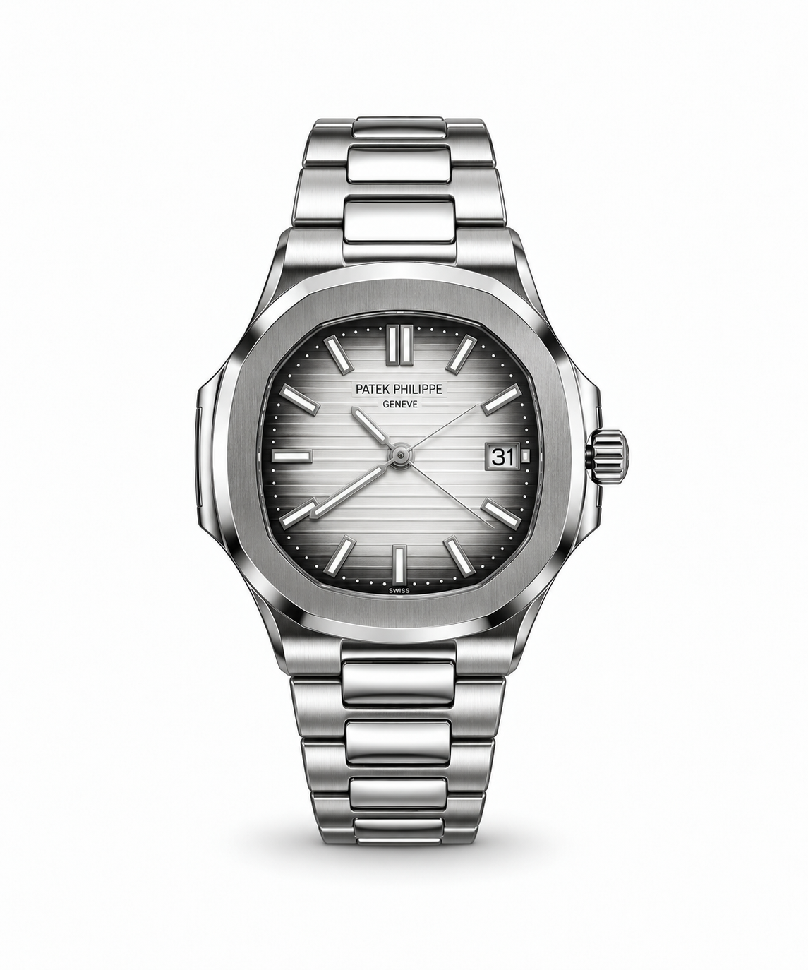 Patek Philippe Nautilus-Style men's watch Lebanon - steel octagonal case, silver-grey embossed dial with steel hands and markers, date window, integrated steel bracelet