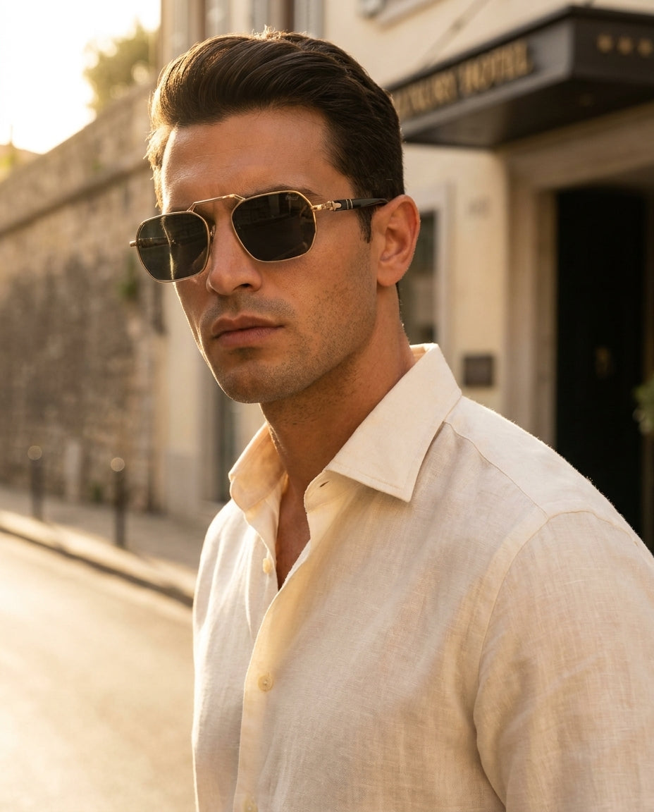 Persol PO3321S Gold Black sunglasses on male model