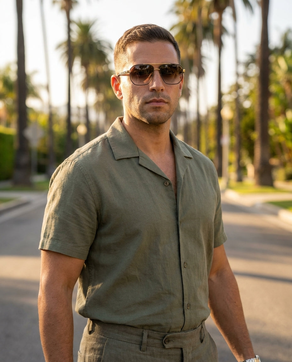 Prada PRZ – Gold Brown sunglasses on male model – ChronoVault Lebanon