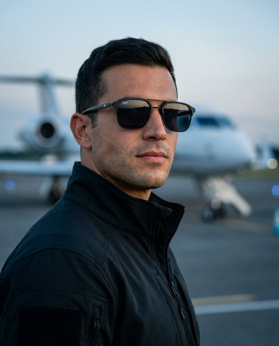 Ray-Ban Ferrari RB3724M – Matte Black sunglasses on male model – ChronoVault Lebanon