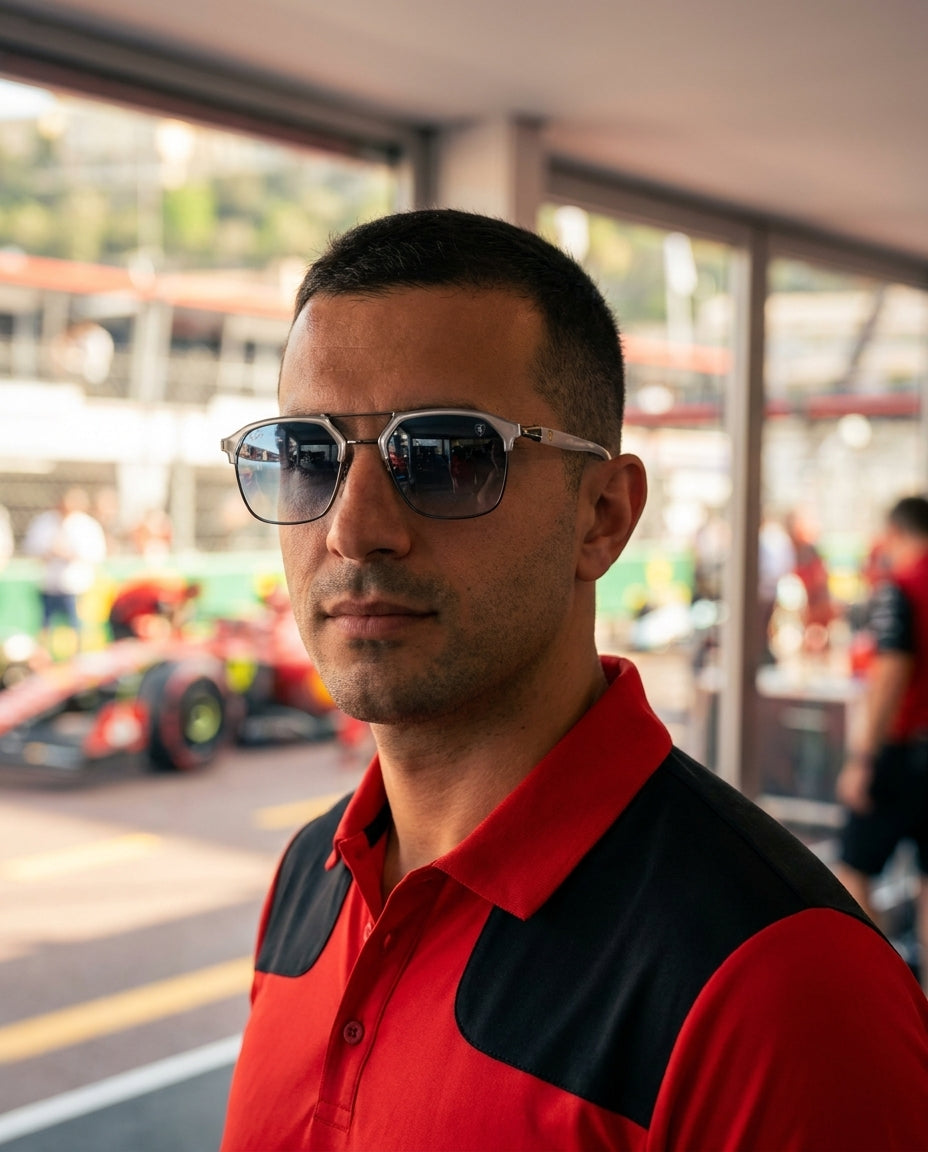 Ray-Ban Ferrari RB3725M – Ice Silver Blue sunglasses worn by male model – ChronoVault Lebanon