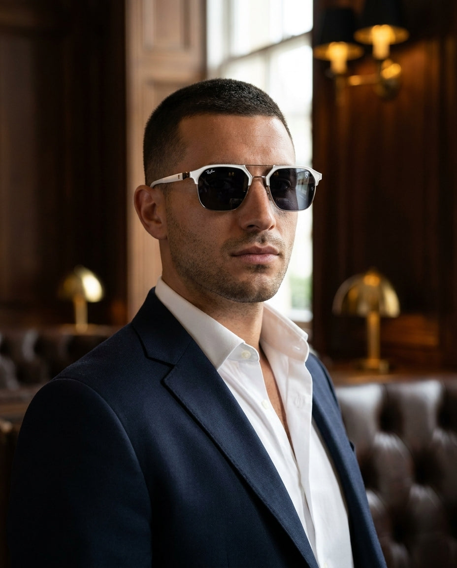 Ray-Ban Ferrari RB3725M – White Black sunglasses worn by male model – ChronoVault Lebanon
