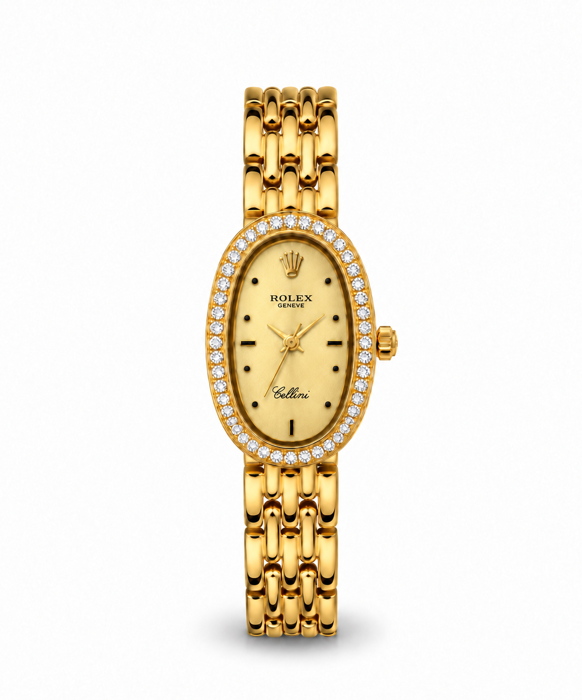 Rolex Cellini women's watch Lebanon - yellow gold oval case with diamond bezel, champagne dial with black-accent markers, gold link bracelet