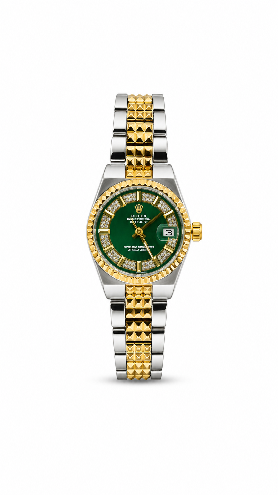 Rolex Datejust 33mm women's watch Lebanon - two-tone steel and gold pyramid jubilee bracelet, green diamond dial, fluted bezel