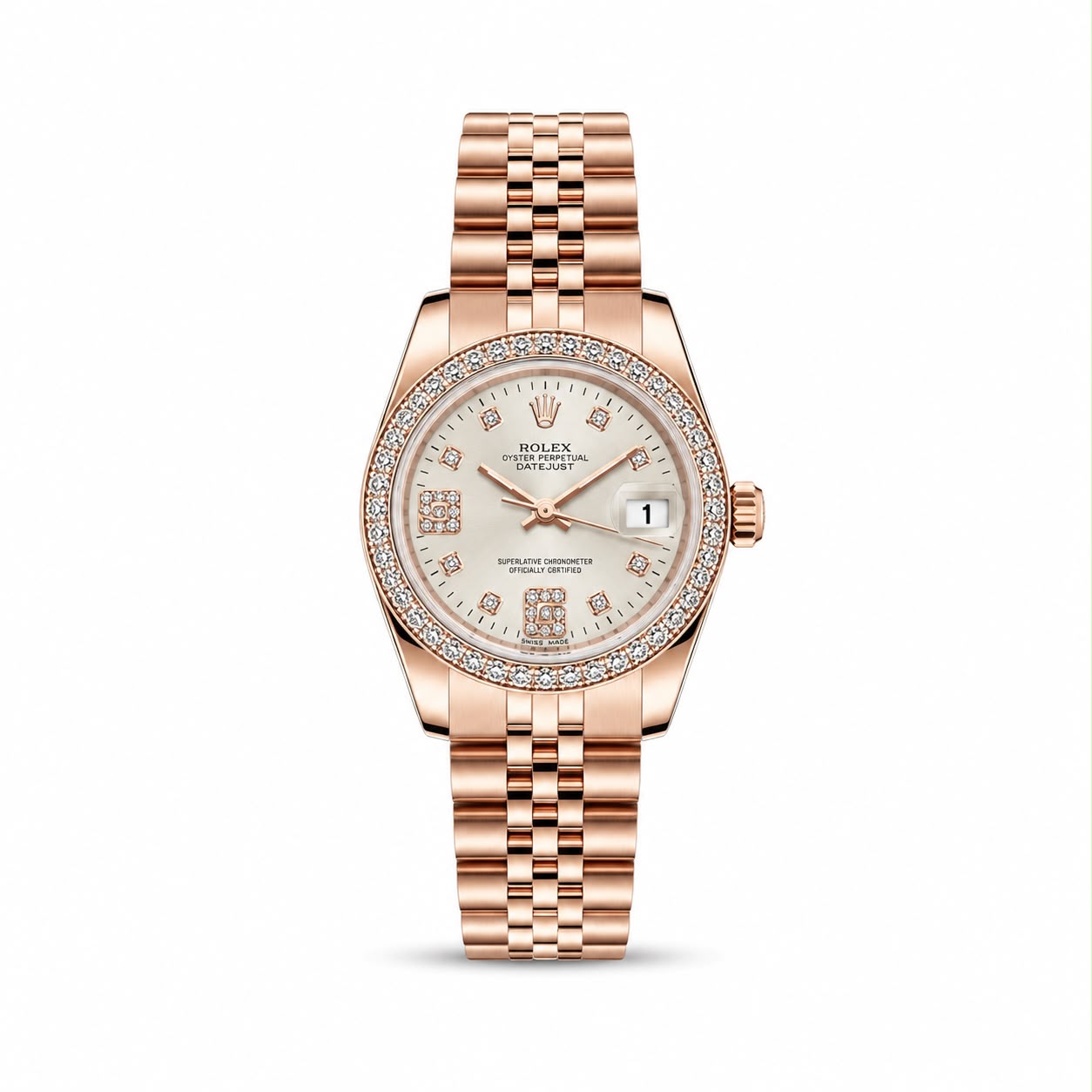 Rolex Datejust 34mm women's watch Lebanon - rose gold jubilee bracelet, silver diamond dial, diamond bezel