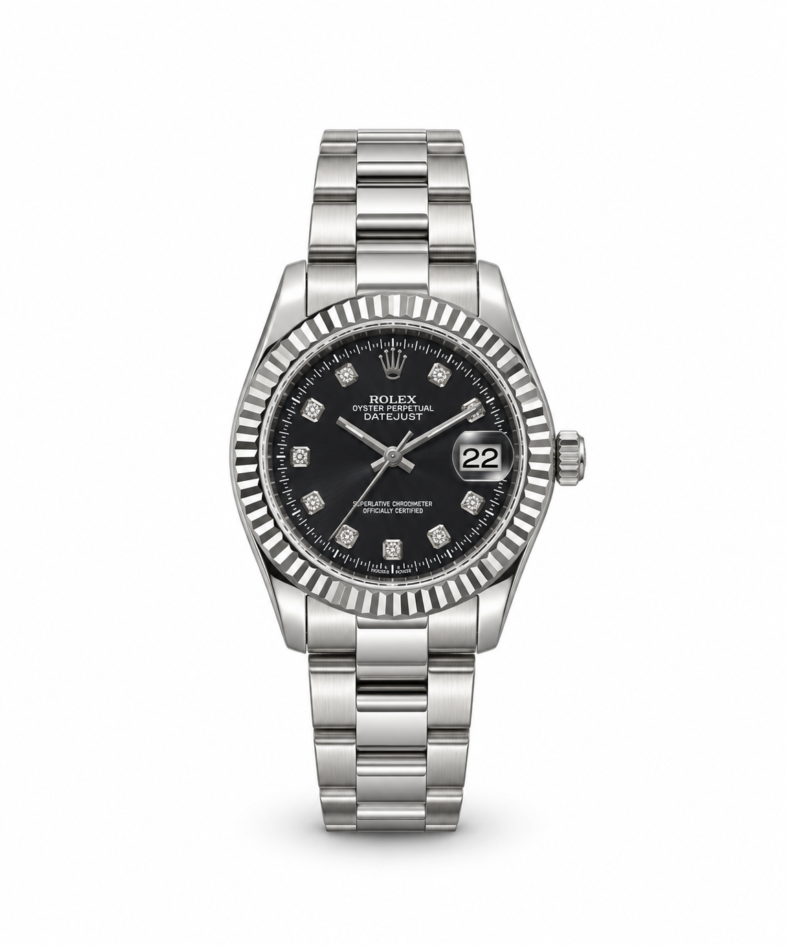 Rolex Datejust 34mm women's watch Lebanon - stainless steel fluted bezel, black diamond dial with date, President bracelet, front view