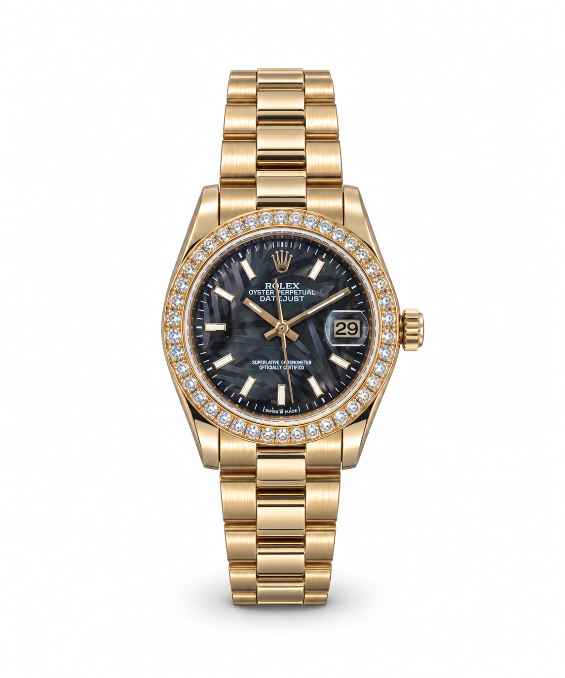 Rolex Datejust 34mm women's watch Lebanon - yellow gold President bracelet, black mother-of-pearl palm dial with gold baton markers, diamond bezel
