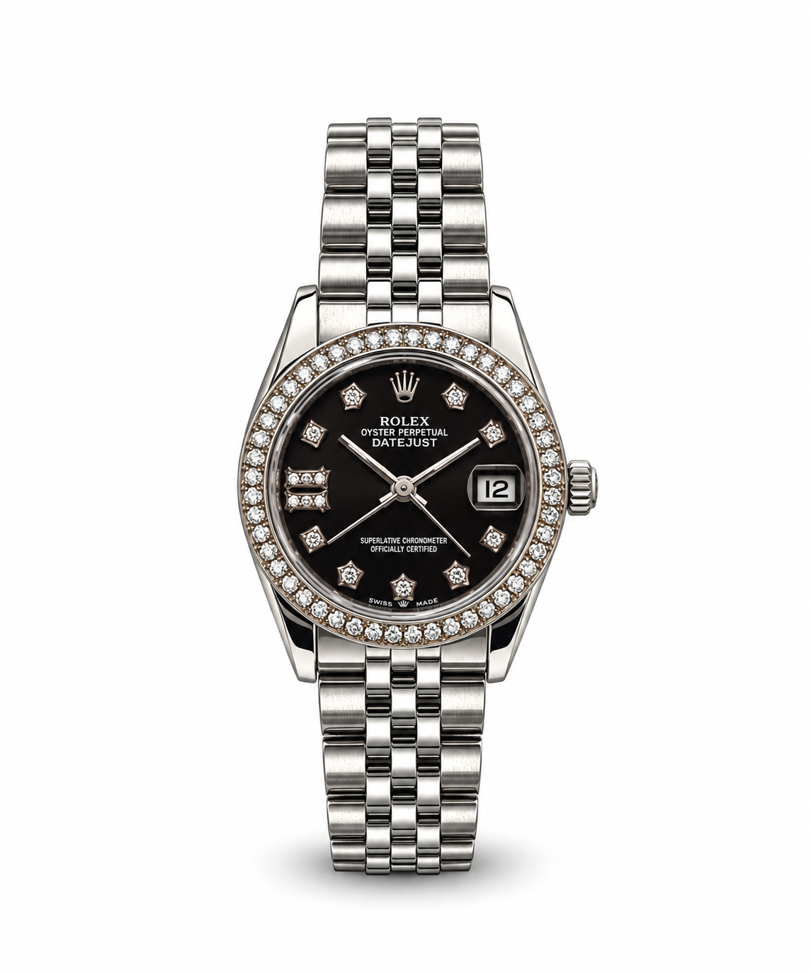 Rolex Datejust 34mm women's watch Lebanon - stainless steel case with diamond bezel, black dial with diamond markers, date with cyclops lens, five-link Jubilee bracelet