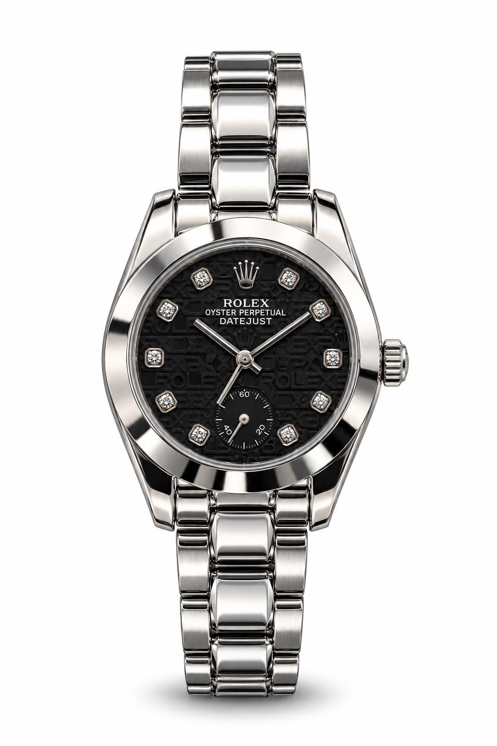 Rolex Datejust 34mm women's watch Lebanon - stainless steel case with smooth bezel, black logo-motif dial with diamond markers and small seconds, steel Oyster bracelet