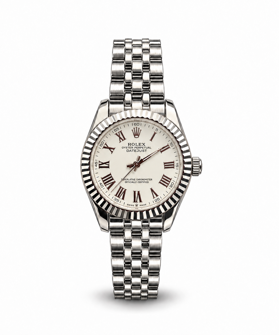 Rolex Datejust 34mm women's watch Lebanon - stainless steel case with fluted bezel, white dial with red-brown Roman numerals, five-link Jubilee bracelet