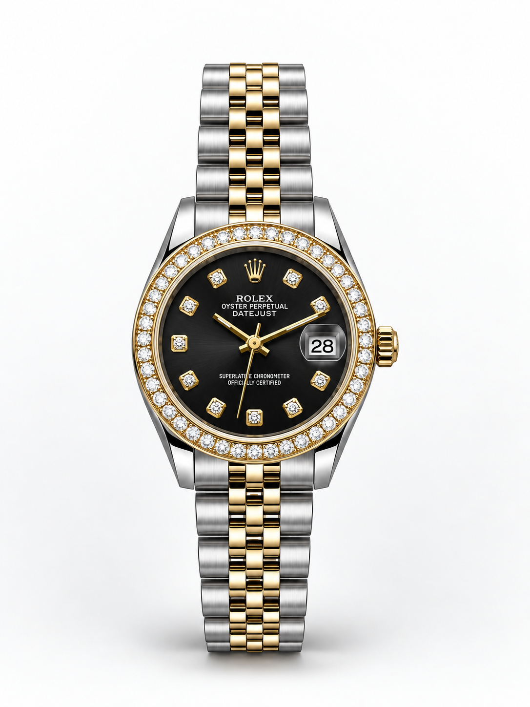 Rolex Datejust 34mm women's watch Lebanon - two-tone steel and gold case with diamond bezel, black dial with diamond markers and date window, two-tone Jubilee bracelet