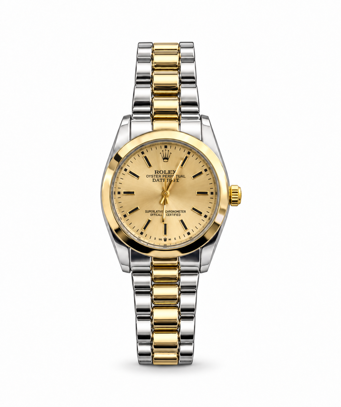 Rolex Datejust 34mm women's watch Lebanon - two-tone steel and gold case with smooth bezel, champagne sunburst dial with gold markers, two-tone link bracelet