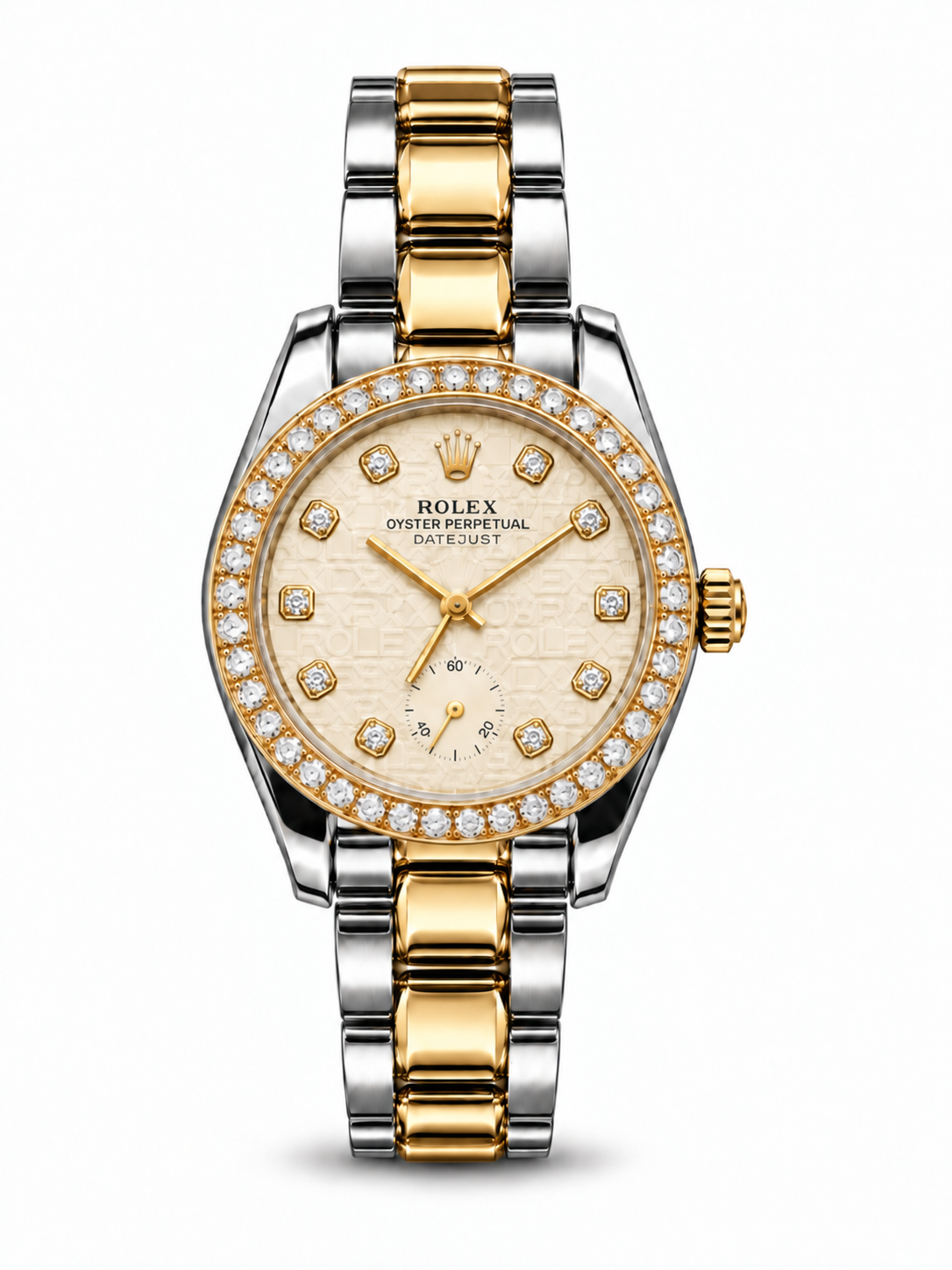 Rolex Datejust 34mm women's watch Lebanon - two-tone steel and gold case with diamond bezel, cream logo-motif dial with diamond markers, two-tone Oyster bracelet
