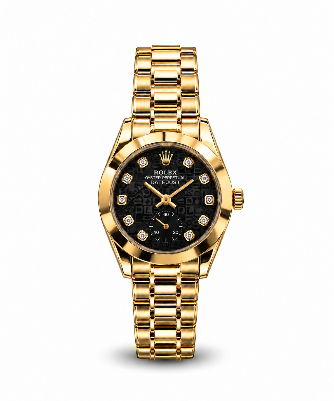 Rolex Datejust 34mm women's watch Lebanon - yellow gold case with smooth bezel, black logo-motif dial with diamond markers and small seconds, gold President bracelet