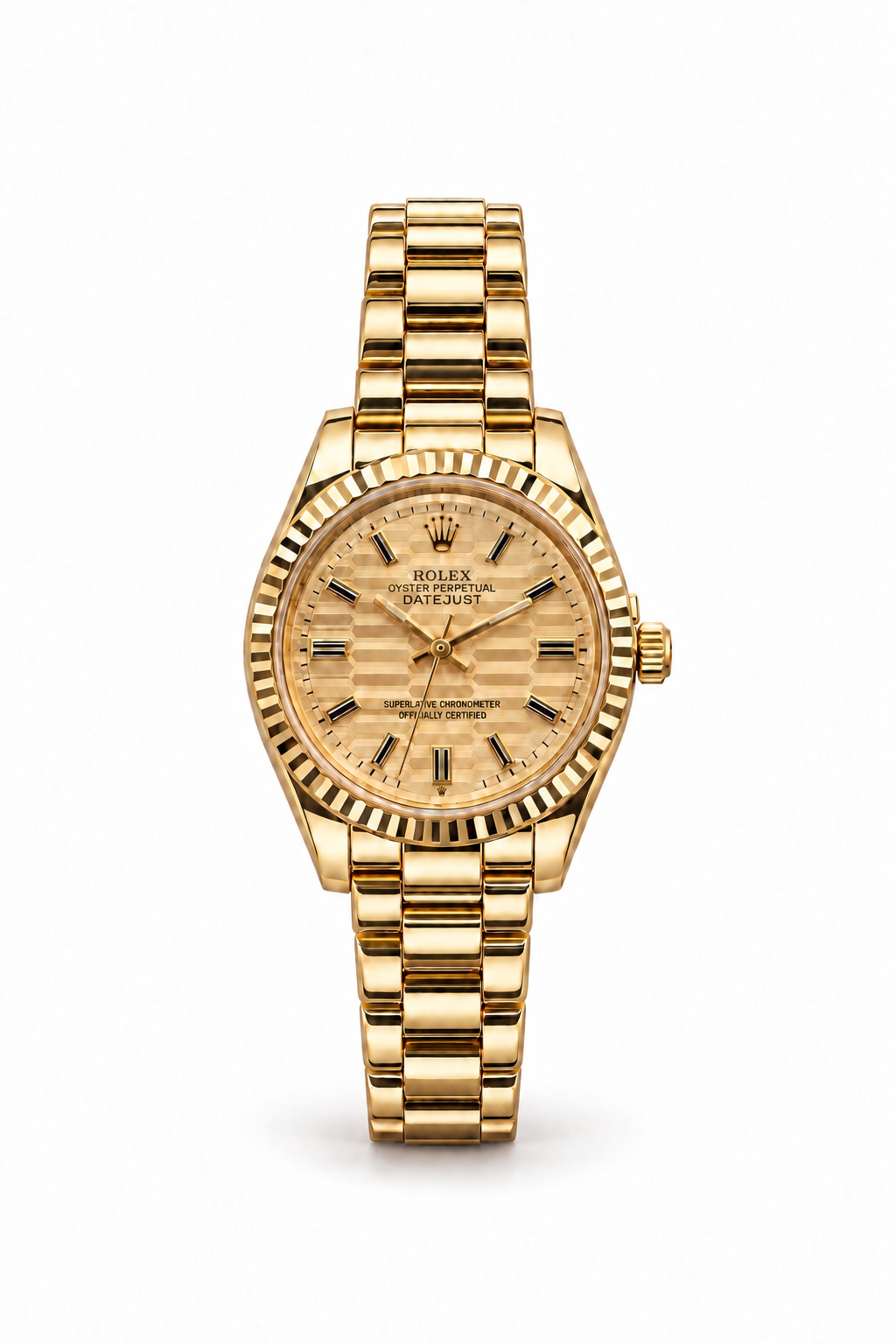 Rolex Datejust 34mm women's watch Lebanon - yellow gold case with fluted bezel, champagne fluted-motif textured dial, gold President bracelet