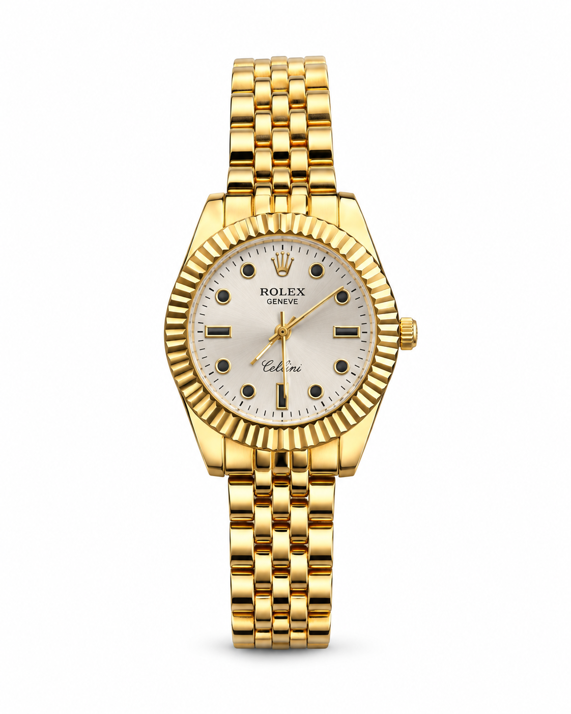 Rolex Datejust 34mm women's watch Lebanon - yellow gold case with fluted bezel, silver sunburst dial with black-accent markers, gold five-link Jubilee bracelet