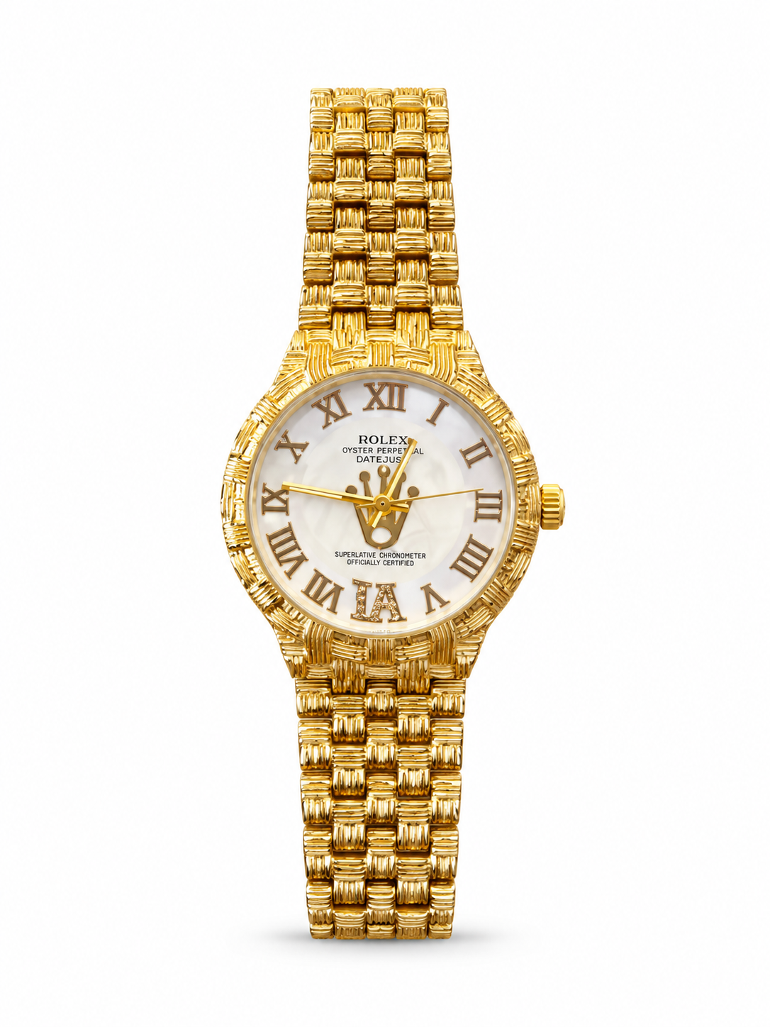 Rolex Datejust 34mm women's watch Lebanon - yellow gold woven basketweave-texture case and bracelet, white mother-of-pearl dial with gold Roman numerals and crown logo