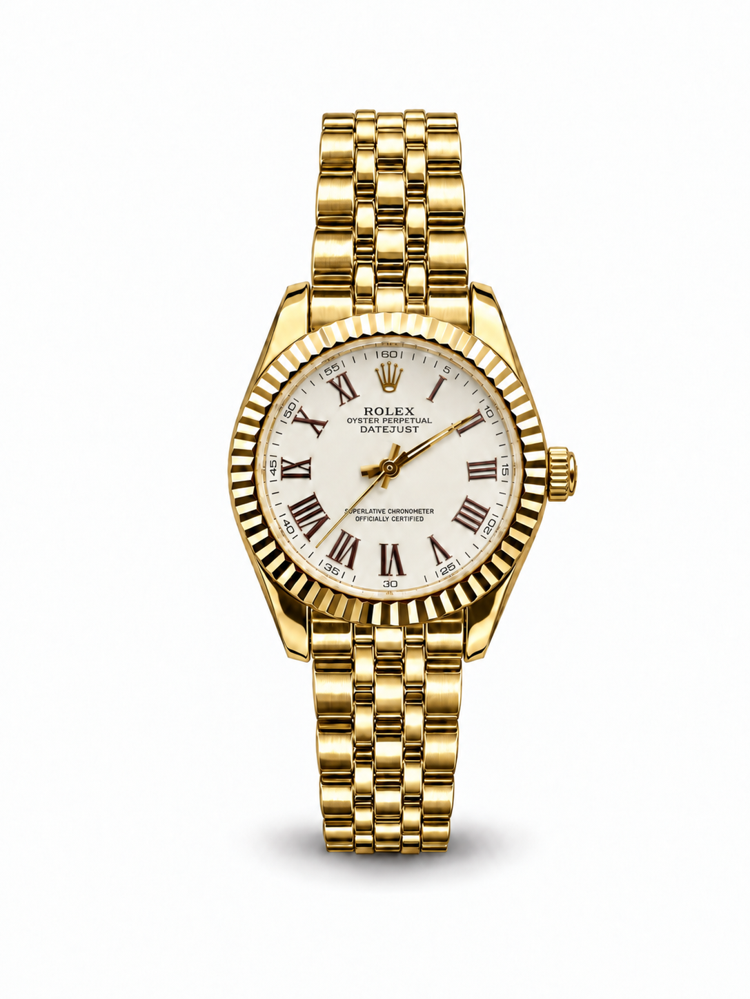 Rolex Datejust 34mm women's watch Lebanon - yellow gold case with fluted bezel, white dial with red-brown Roman numerals, gold Jubilee bracelet