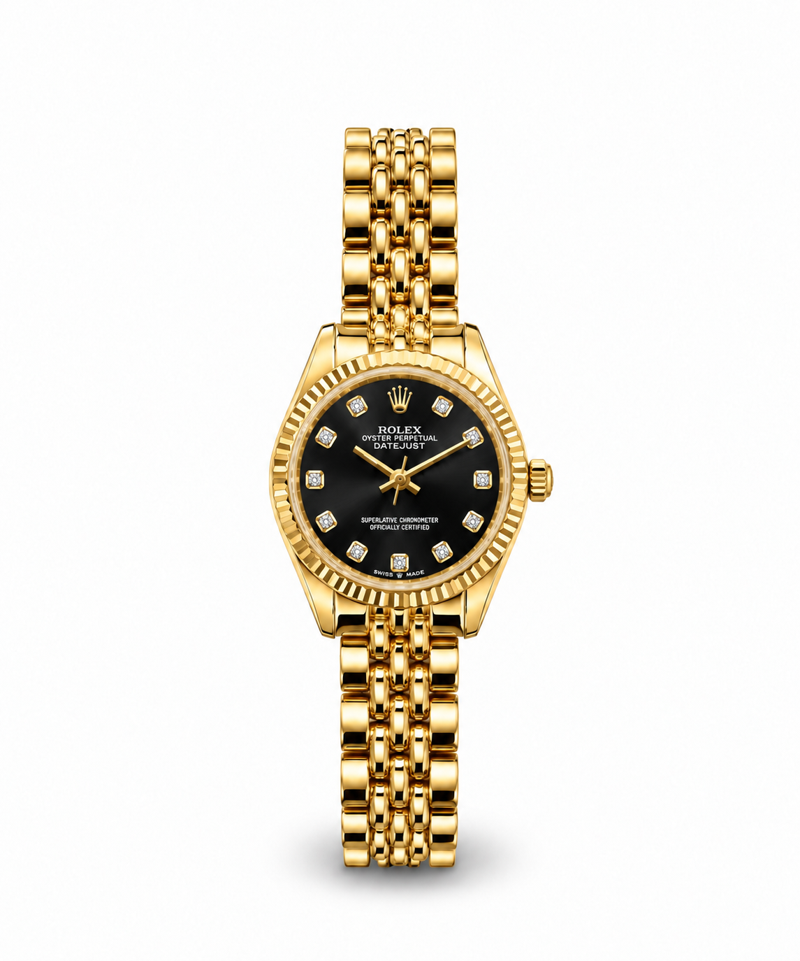 Rolex Datejust mini women's watch Lebanon - yellow gold case with fluted bezel, black dial with diamond markers, gold five-link Jubilee bracelet
