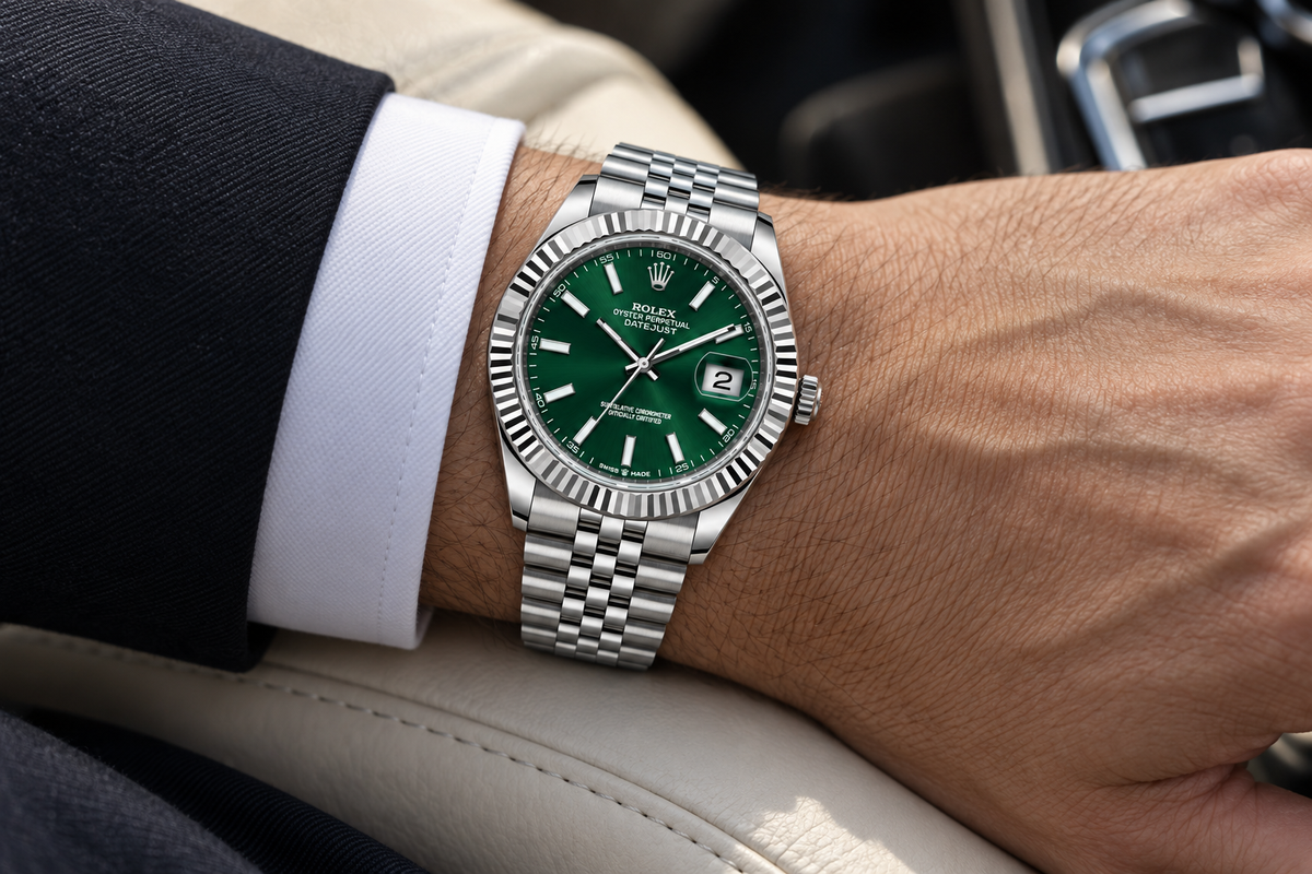 Rolex Datejust 41mm men's watch on wrist Lebanon - stainless steel, green dial, fluted bezel, Jubilee bracelet, worn with a black suit and white cuff