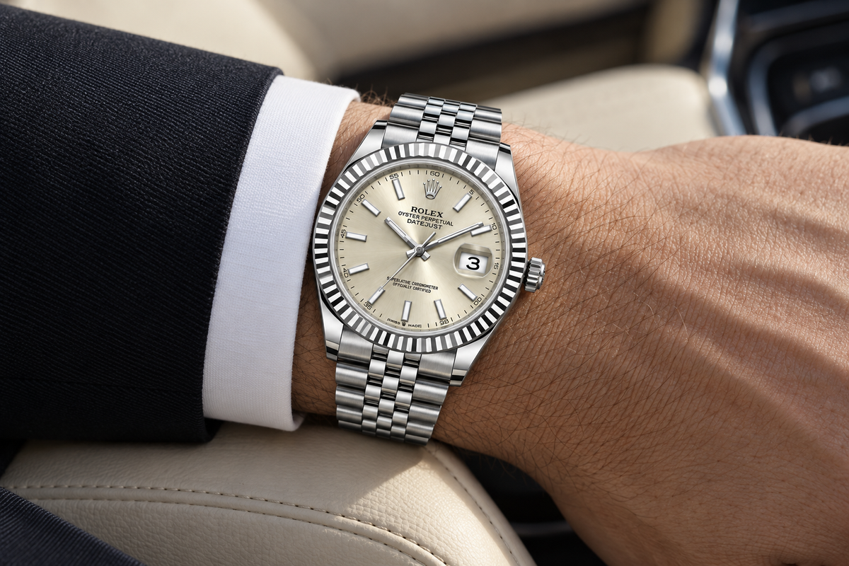Rolex Datejust 41mm men's watch on wrist Lebanon - stainless steel, silver dial, fluted bezel, Jubilee bracelet, worn with a black suit and white cuff