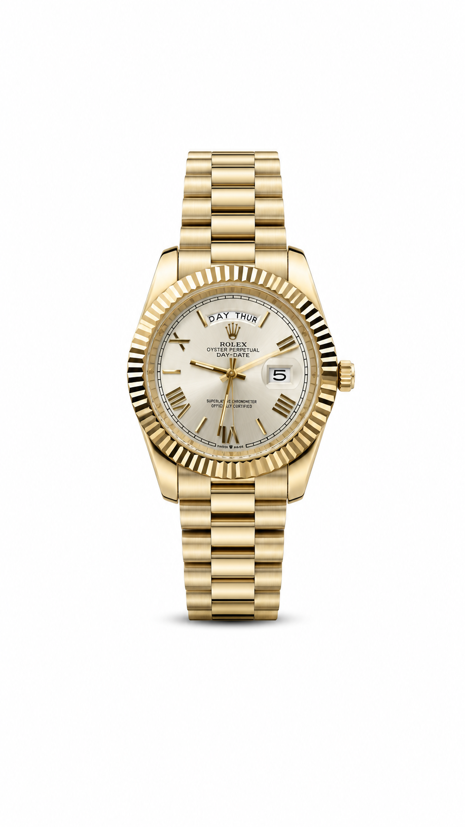 Rolex Day-Date 40mm men's watch Lebanon - yellow gold President bracelet, silver Roman dial, fluted bezel