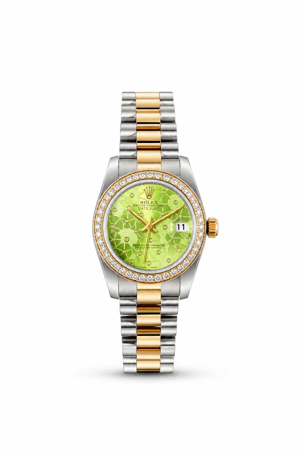 Rolex Day-Date two-tone women's watch Lebanon - green floral diamond dial, diamond bezel, steel and gold bracelet