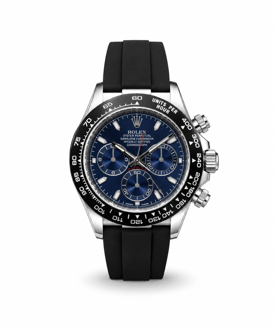 Rolex Cosmograph Daytona 40mm men's watch Lebanon - steel case, blue dial with three sub-dials, black ceramic tachymeter bezel, black rubber strap