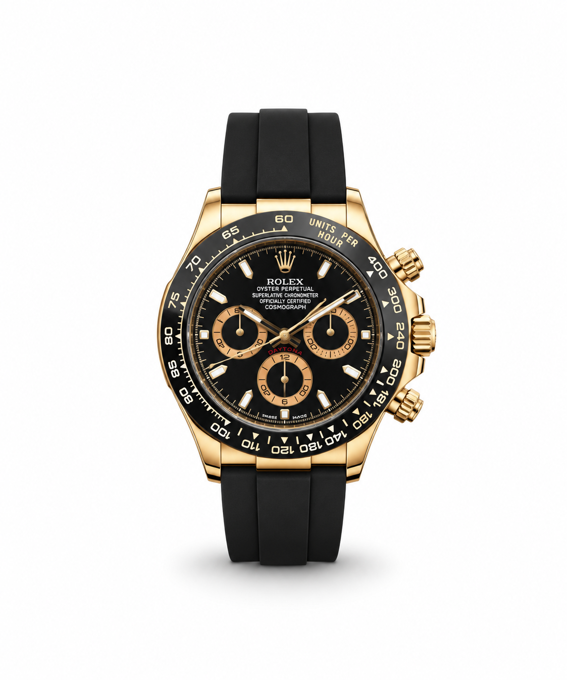 Rolex Cosmograph Daytona 42mm men's watch Lebanon - yellow gold case, black dial with gold-ringed sub-dials, black ceramic tachymeter bezel, black rubber strap
