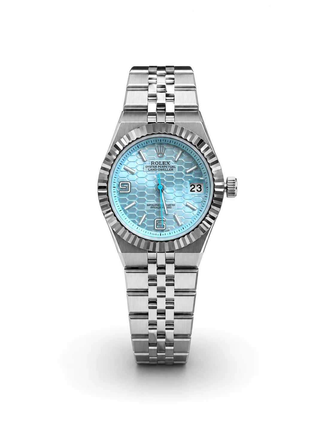 Rolex Oyster Perpetual Land-Dweller 34mm Steel Ice Blue Dial Women Watch Front View Lebanon - ChronoVault