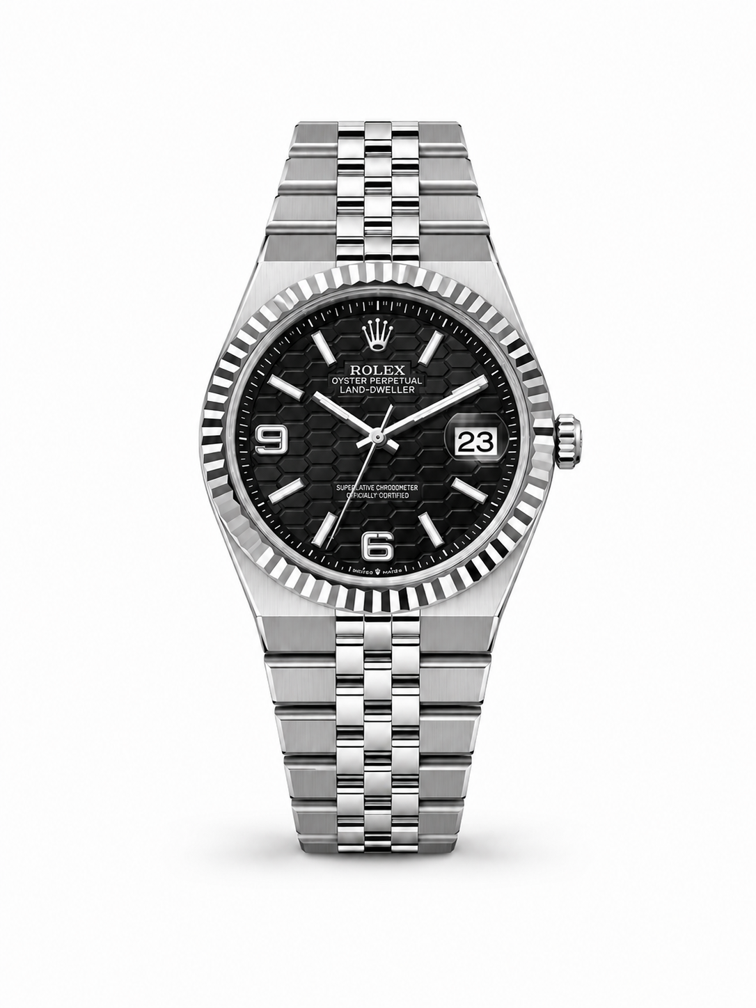 Rolex Land-Dweller 40mm men's watch Lebanon - steel flat jubilee bracelet, black honeycomb dial, fluted bezel