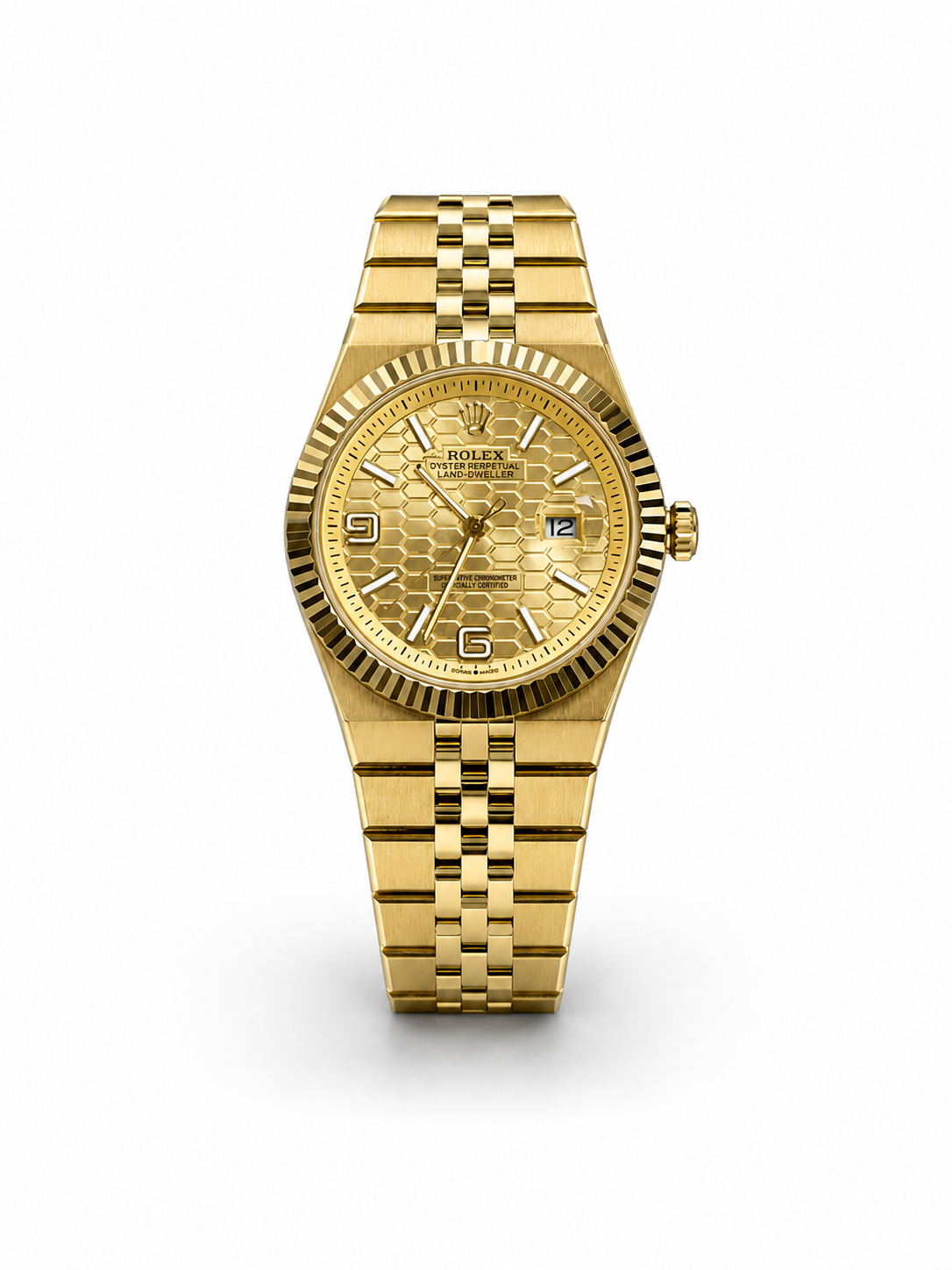 Rolex Oyster Perpetual Land-Dweller 40mm Full Gold Champagne Dial Men Watch Front View Lebanon - ChronoVault