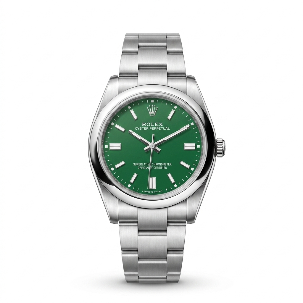 Rolex Oyster Perpetual Steel Green Dial Men Watch Front View Lebanon - ChronoVault