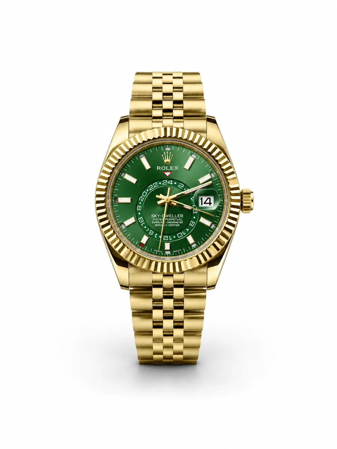 Rolex Sky-Dweller 40mm Full Gold Green Dial Men Watch Front View Lebanon - ChronoVault