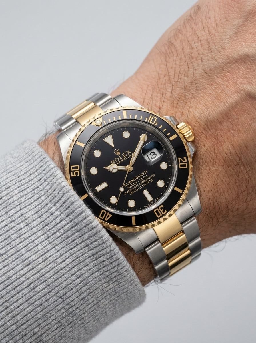 Rolex Submariner Two-Tone Black Gold Men's Watch worn on model wrist Lebanon - ChronoVault