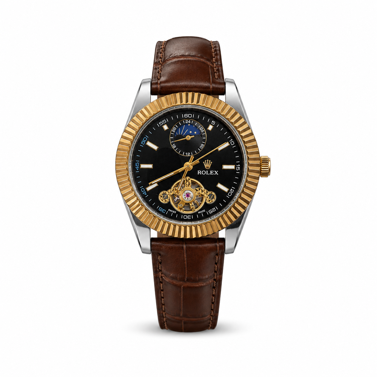 Rolex Tourbillon Moonphase 40mm men's watch Lebanon - two-tone steel and gold fluted bezel, black dial, open balance, brown leather strap