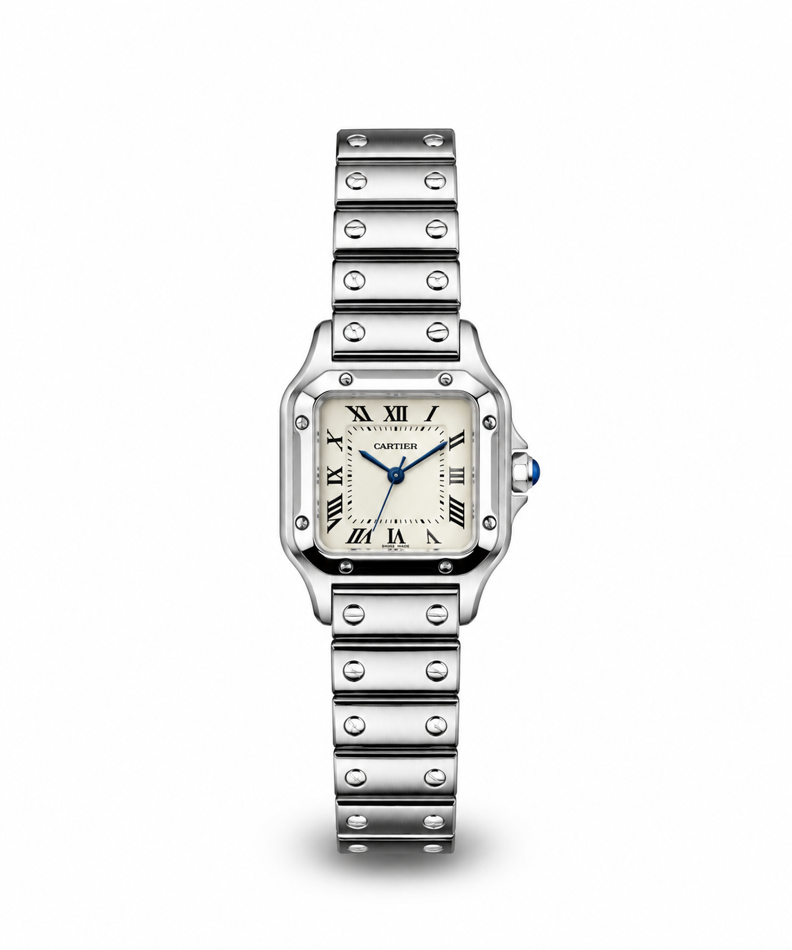 Santos de Cartier women's watch Lebanon - stainless steel square case with screw-set bezel, white Roman numeral dial with blue hands, steel screw-link bracelet