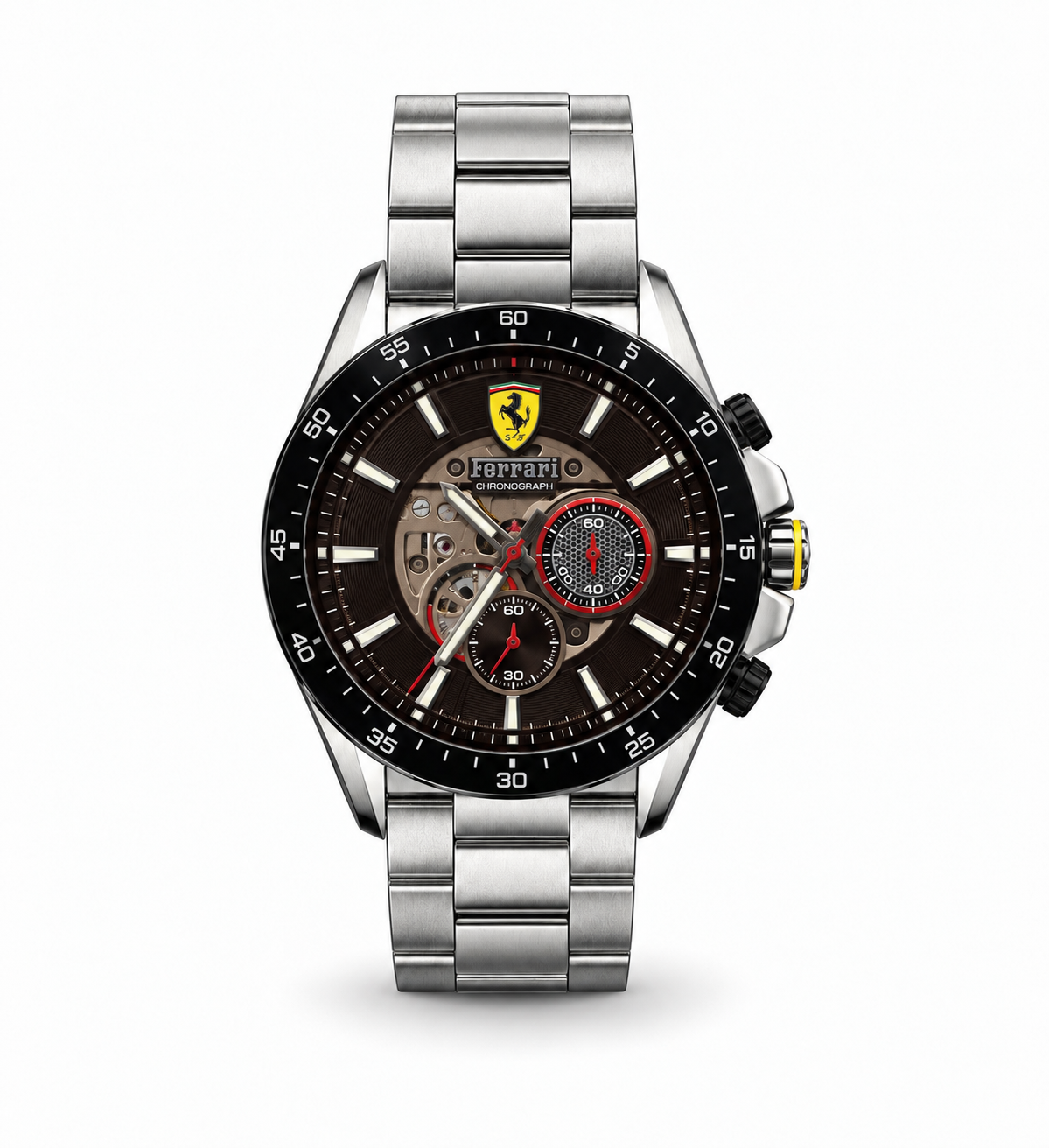 Scuderia Ferrari Chronograph men's watch Lebanon - steel case, black skeleton dial with red sub-dial accents, black tachymeter bezel, steel bracelet