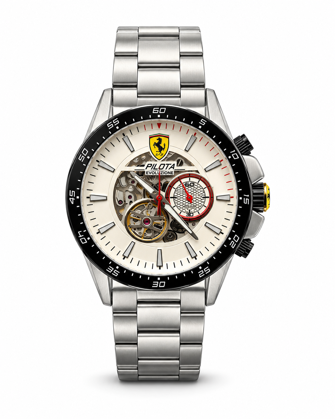 Scuderia Ferrari Pilota Evoluzione men's watch Lebanon - steel case, cream skeleton dial with red hands and sub-dial, black tachymeter bezel, steel bracelet