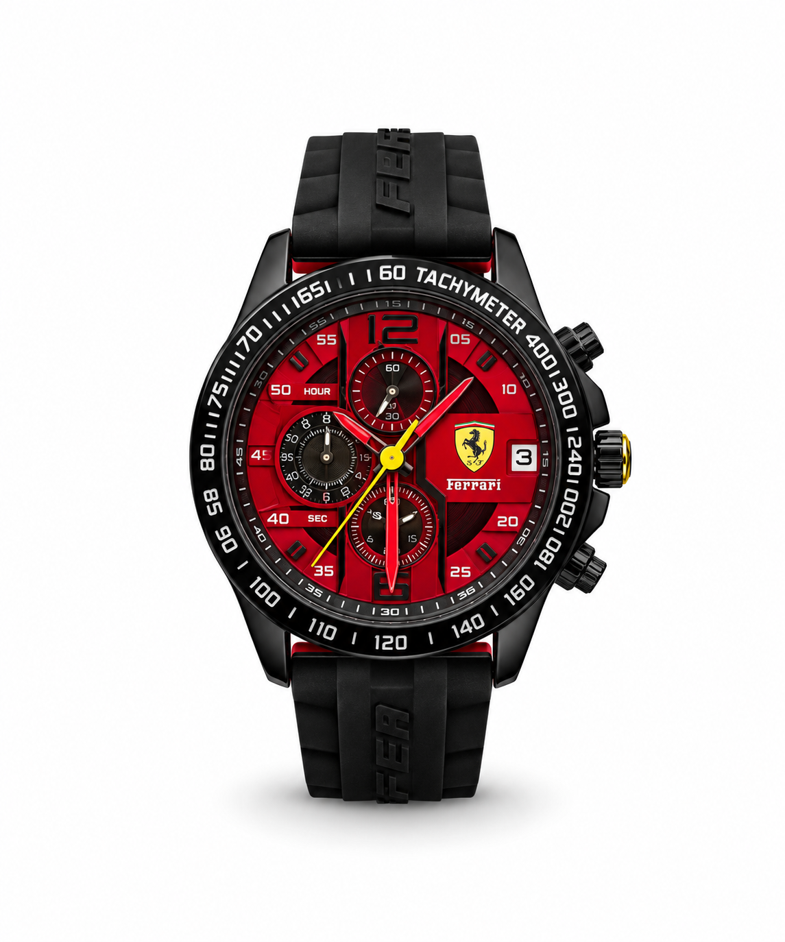 Scuderia Ferrari Pista Chronograph men's watch Lebanon - black case, red motorsport dial with three sub-dials and yellow hand, black tachymeter bezel, black Ferrari-embossed rubber strap
